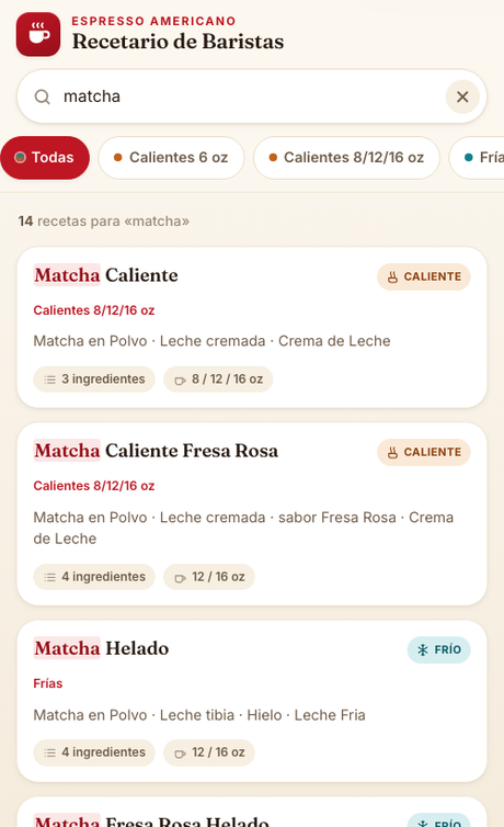 Búsqueda de la palabra matcha mostrando los resultados