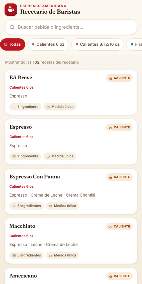 Pantalla de inicio del recetario con la lista de bebidas