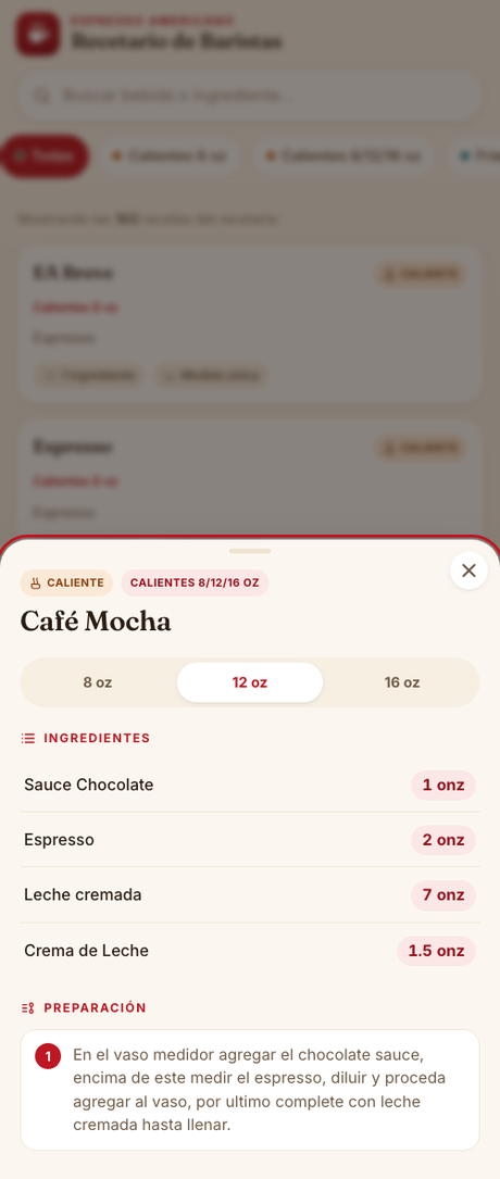 Ficha de la receta Café Mocha con el selector de tamaño y los ingredientes